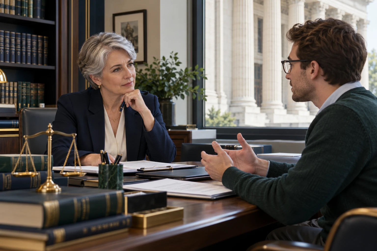 Une conseillère juridique écoute un homme dans un cabinet, avec des ouvrages de droit, des dossiers et une balance de justice