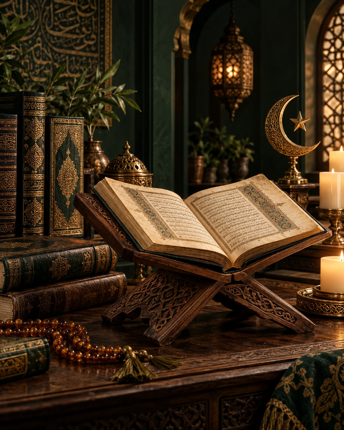 Livres et manuscrits de tradition islamique sur un pupitre, chapelet, bougies et motifs de croissant et d’étoiles