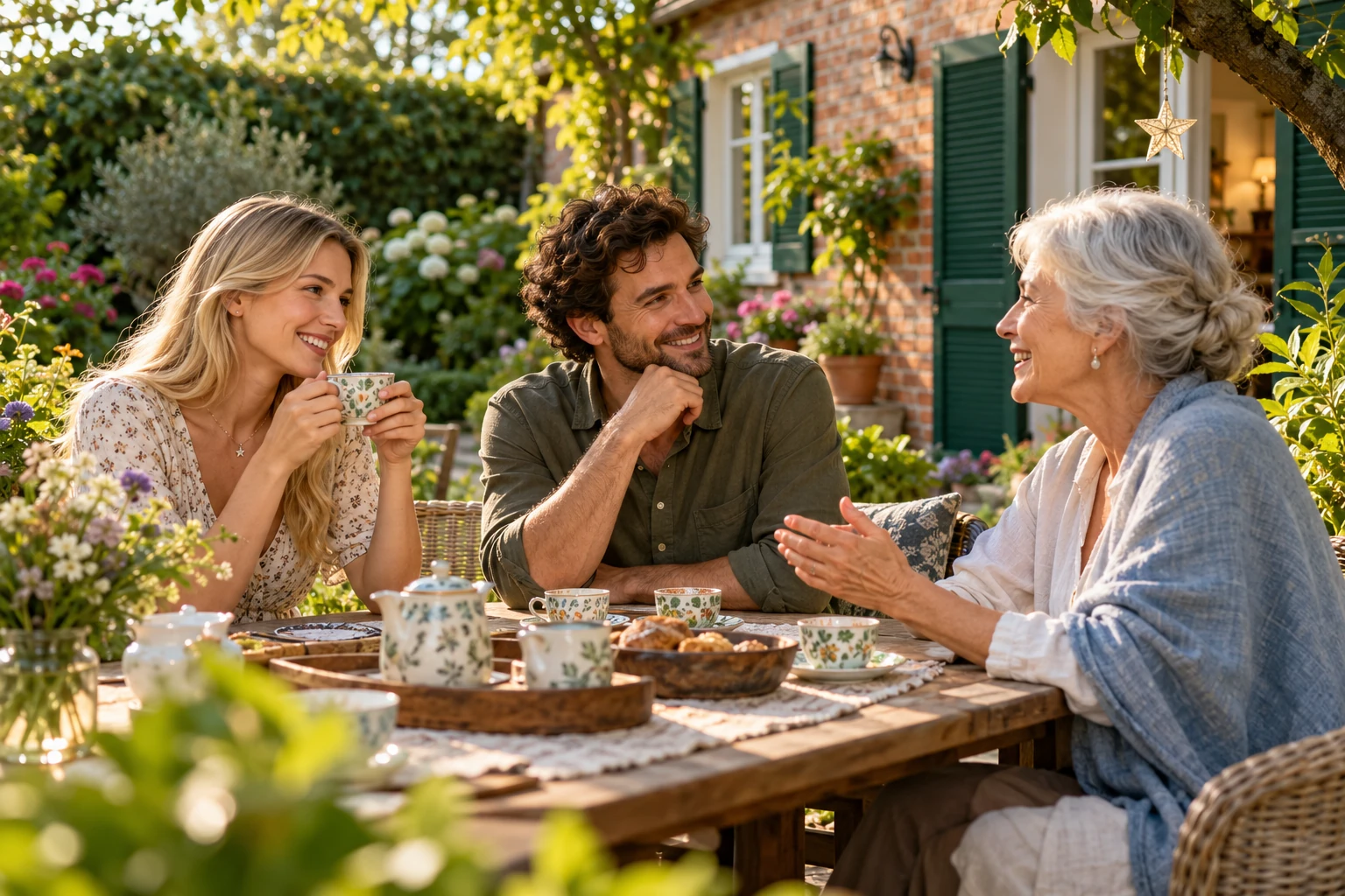 Un couple et une proche échangent autour d’une table dans le jardin d’une maison occidentale
